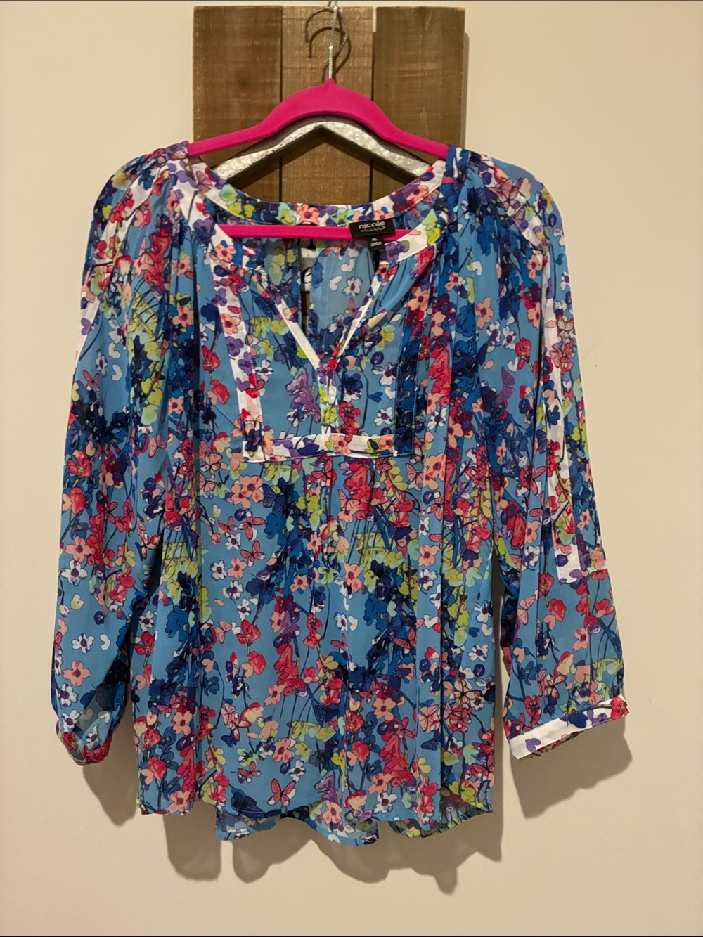 Nicole Miller Blue Multicolor Floral Peasant Tunic
